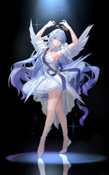 1girl absurdres alternate_costume armpits arms_up ballerina ballet ballet_slippers black_background blue_hair blue_ribbon bracelet breasts cleavage dancer detached_collar detached_sleeves dress dress_ribbon earrings face_jewel facing_viewer feathered_wings feathers floating_hair full_body green_eyes hair_between_eyes head_wings highres honkai:_star_rail honkai_(series) jewel_under_eye jewelry long_hair looking_up pantyhose parted_lips reflection ribbon robin_(honkai:_star_rail) short_sleeves simple_background single_earring solo very_long_hair white_dress white_feathers white_pantyhose white_wings wings yolanda