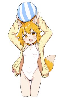 1girl absurdres alternate_costume animal_ear_fluff animal_ears arms_up ball beachball blonde_hair blue_archive blush breasts clothing_cutout commission cosplay covered_navel cowboy_shot crossed_bangs diamond_cutout fang fox_ears fox_girl fox_tail highleg highleg_one-piece_swimsuit highres holding holding_above_head holding_ball holding_beachball jacket kaito_(kaito921125) loli looking_at_viewer medium_hair one-piece_swimsuit open_clothes open_jacket open_mouth orange_fur orange_hair seia_(blue_archive) seia_(blue_archive)_(cosplay) seia_(swimsuit)_(blue_archive) senko_(sewayaki_kitsune_no_senko-san) sewayaki_kitsune_no_senko-san simple_background skeb_commission skin_fang small_breasts smile solo standing swimsuit tail thighs white_background white_one-piece_swimsuit yellow_eyes yellow_jacket