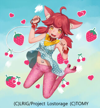 1girl ahoge animal_ears blue_dress collar copyright_notice dog_ears dog_girl dqn_(dqnww) dress food fruit heart holding holding_leash leash looking_at_viewer medium_hair official_art pants pink_pants red_collar red_eyes roller_skates sanpoke_(wixoss) skates solo strawberry twintails wixoss yellow_eyes