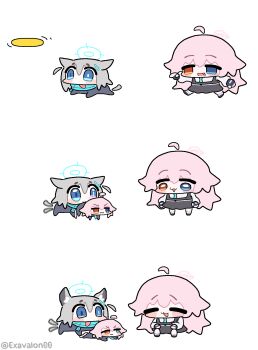 ahoge animal_ear_fluff animal_ears aqua_scarf blue_archive blue_eyes blue_halo blue_scarf blush chibi cross cross_hair_ornament dual_persona fetch frisbee grey_hair hair_between_eyes hair_ornament halo heterochromia highres hoshino_(blue_archive) huge_ahoge inverted_cross long_hair long_sleeves medium_hair mismatched_pupils multiple_girls necktie open_mouth pink_hair pink_halo playing scarf shiroko_(blue_archive) shirt sima_(exavalon00) smile tail tail_wagging throwing very_long_hair white_shirt wolf_ears wolf_girl yellow_eyes