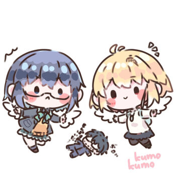 1boy 2girls ahoge angel_wings arcueid_brunestud arms_at_sides black_hair blonde_hair blue_eyes blue_hair blue_skirt blush blush_stickers boots chibi ciel_(tsukihime) glasses green_ribbon highres jacket jewelry mob_face multiple_girls nanatsu-yoru necklace open_clothes open_jacket pantyhose pout red_eyes ribbon school_uniform short_hair skirt smile souya_high_school_uniform sweater tohno_shiki tsukihime tsukihime_(remake) turtleneck turtleneck_sweater user_vkjy5545 vest white_sweater wings yellow_vest