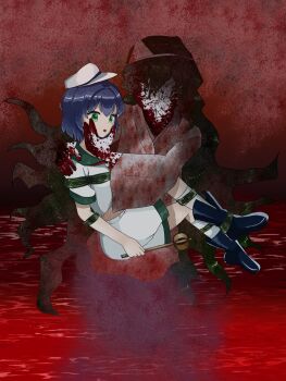 2girls black_boots black_hair blood blood_on_hands boots carrying carrying_person collared_shirt dual_persona faceless faceless_female ghost green_eyes hand_on_another&#039;s_face hat highres holding holding_ladle japanese_clothes kimono ladle long_hair midriff multiple_girls murasa_minamitsu neckerchief pool_of_blood red_neckerchief sailor_collar shirt short_hair shorts symbolism touhou triangular_headpiece venti_latte very_long_hair white_hat white_kimono white_shirt white_shorts yukata