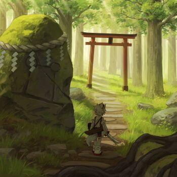 Rule 34 | 1girl, absurdres, animal ears, day, detached sleeves, forest, from behind, full body, geta, grass, grey hair, hat, highres, inubashiri momiji, nature, outdoors, red hat, red sandals, ribbon-trimmed sleeves, ribbon trim, rock, rope, sandals, scenery, shide, shimenawa, short hair, solo, suteruko, tail, tengu-geta, tokin hat, torii, touhou, tree, wolf ears, wolf girl, wolf tail