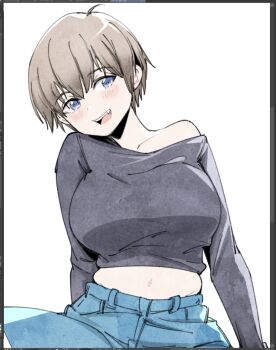 1girl blue_eyes blush breasts collarbone commentary denim english_commentary grey_hair grey_shirt hair_between_eyes large_breasts long_sleeves navel open_mouth relaxjon shirt short_hair simple_background smile solo teeth upper_teeth_only uzaki-chan_wa_asobitai! uzaki_hana white_background