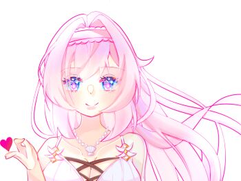 1girl bare_shoulders blue_eyes breasts chinese_commentary cleavage commentary_request commission elysia_(honkai_impact) elysia_(miss_pink_elf)_(honkai_impact) elysia_(summer_miss_elf)_(honkai_impact) hairband heart honkai_(series) honkai_impact_3rd jewelry large_breasts long_hair looking_at_viewer necklace official_alternate_costume pink_hair shell shell_necklace simple_background solo upper_body very_long_hair white_background yingjingxue90662