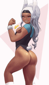 1girl alternate_hairstyle animal_ears ass bad_id bad_twitter_id black_headband black_leotard boku_no_hero_academia clenched_hand clothing_cutout crescent_print dark-skinned_female dark_skin flexing from_behind hand_on_own_arm headband highleg highleg_leotard highres leotard long_hair looking_at_viewer mirko parted_bangs ponytail rabbit_ears rabbit_girl rabbit_tail red_eyes signature smile solo sweat tail tail_through_clothes teeth thighs toned undershirt white_hair wrist_cuffs zefrableu