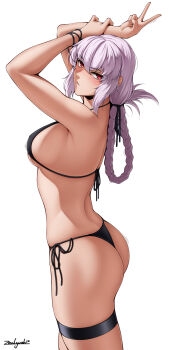 1girl artist_name ass bikini blush bracelet braid breasts fate/grand_order fate_(series) florence_nightingale_(fate) from_above from_behind g-string highres jewelry long_hair looking_at_viewer looking_back purple_hair red_eyes side-tie_bikini_bottom sideboob simple_background solo swimsuit thigh_strap thong v white_background zealyush