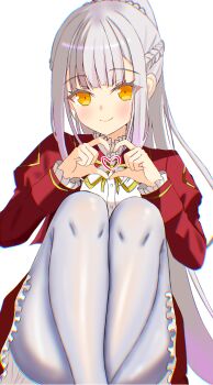 1girl absurdres blunt_bangs blush braid clarice_clawnya closed_mouth colored_eyelashes commentary_request dated_commentary eyelashes feet_out_of_frame four-finger_heart_hands frilled_skirt frilled_sleeves frills grey_hair half_up_braid hands_up happy_live_show_up! heart heart_hands heart_in_heart_hands highres jacket juliet_sleeves knees_up legs_together long_hair long_sleeves looking_at_viewer miniskirt neck_ribbon open_clothes open_jacket pantyhose ponytail puffy_sleeves red_jacket red_skirt ribbon sakuratoru shirt sidelocks simple_background sitting skirt smile solo very_long_hair white_background white_pantyhose white_shirt yellow_eyes yellow_ribbon