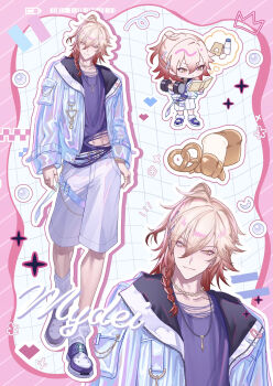 Rule 34 | 1boy, absurdres, alternate costume, blonde hair, book, border, bracelet, braid, bread, character name, chibi, dumbbell, food, full body, gold necklace, gold ring, gradient hair, grey background, grid background, hair between eyes, highres, hitohachan, holding, holding book, holding dumbbell, honkai: star rail, honkai (series), iridescent, jewelry, kneehighs, looking at viewer, male focus, medium hair, midriff peek, multicolored hair, multiple rings, multiple views, mydei (honkai: star rail), navel, necklace, pink border, ponytail, purple shirt, red hair, ring, shirt, shoes, shorts, side braid, socks, spoken food, thumb in pocket, torn clothes, torn shirt, white shoes, white shorts, white socks, yellow eyes