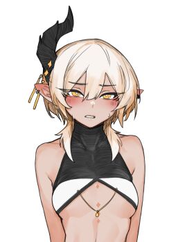 1girl absurdres bare_shoulders blush breasts covered_collarbone crop_top earrings hair_between_eyes hair_ornament highres horns jewelry less looking_at_viewer original short_hair simple_background single_horn small_breasts solo white_background