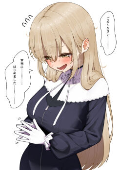 absurdres black_dress blush breasts brown_eyes brown_hair capelet commentary_request dress embarrassed fidgeting flying_sweatdrops frilled_gloves frills full-face_blush full-length_zipper gloves guimpe hair_behind_ear high_collar highres long_hair long_sleeves looking_down lunch_boxer medium_breasts messy_hair nervous_sweating nijisanji no_headwear nun parted_bangs simple_background sister_claire sister_claire_(1st_costume) steepled_fingers straight_hair sweat tearing_up translation_request upper_body very_long_hair very_sweaty virtual_youtuber wavy_mouth white_background white_capelet white_gloves wispy_bangs zipper