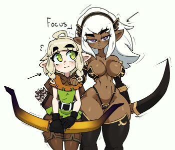 2girls armor arrow_(projectile) belt bikini bikini_armor black_bikini black_gloves black_hairband black_thighhighs blonde_hair bow_(weapon) braid breasts cleavage cowlick dark-skinned_female dark_elf dark_elf_beastmaster dark_skin dragon's_crown elbow_gloves elf elf_(dragon's_crown) english_text gloves green_eyes hairband half-closed_eyes hand_on_another's_shoulder highleg highleg_bikini highres holding holding_bow_(weapon) holding_weapon jellot large_breasts long_hair long_sidelocks looking_at_another multiple_girls navel pointy_ears purple_eyes quiver shorts sidelocks simple_background small_breasts swimsuit thick_thighs thighhighs thighs twin_braids weapon white_background white_hair