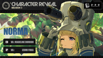 1girl adjusting_clothes adjusting_headwear blonde_hair blue_coat blunt_bangs branch character_name closed_mouth coat commentary copyright_logo english_commentary gloves hat highres leaf logo long_hair norma_hollowell official_art one_eye_closed purple_eyes solo tree white_gloves zenless_zone_zero
