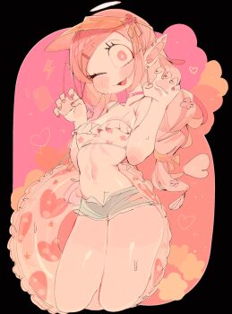 1girl bikini blue_shorts blush breasts character_request choker commentary copyright_request cropped_legs frilled_innertube frills hands_up heart highres innertube long_hair looking_at_viewer one_eye_closed open_mouth pink_background pink_choker pink_eyes pink_hair pointy_ears short_shorts shorts small_breasts smile solo swim_ring swimsuit usa37107692 visor_cap white_bikini