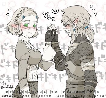 1boy 1girl armor azulzrkgk blush braid breasts closed_eyes couple crown_braid ear_blush earrings fingerless_gloves gloves green_eyes hair_ornament hair_tie hairclip heart hetero highres holding_hands holding_hands_is_lewd jewelry juliet_sleeves link long_sleeves low_ponytail medium_breasts nervous_smile nintendo parted_bangs pointy_ears ponytail princess_zelda puffy_sleeves shoulder_armor sidelocks sign smile spot_color sweatdrop sweater the_legend_of_zelda the_legend_of_zelda:_tears_of_the_kingdom turtleneck turtleneck_sweater twitter_username upper_body