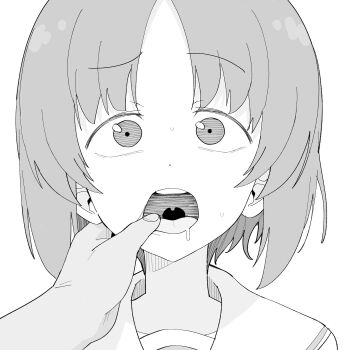 1boy 1girl bad_tag drooling finger_in_another&#039;s_mouth girls_und_panzer henyaan_(oreizm) highres looking_at_viewer mouth_focus nishizumi_miho open_mouth sailor_collar school_uniform sexually_suggestive short_hair teeth tongue uvula