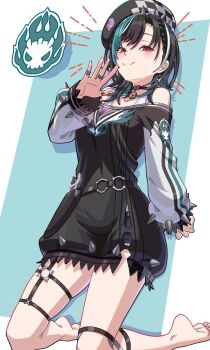 Rule 34 | 1girl, aqua hair, aqua streaks, arm at side, asymmetrical bangs, bare shoulders, barefoot, beret, black choker, black hair, black hat, black shirt, blue shorts, braid, braided bangs, breasts, choker, closed mouth, commentary request, earrings, gradient hair, hat, highres, hololive, hololive dev is, jewelry, knee strap, kneeling, long shirt, long sleeves, looking at viewer, medium breasts, medium hair, multicolored hair, multiple rings, multiple thigh straps, o-ring, o-ring thigh strap, off-shoulder shirt, off shoulder, open hand, pendant choker, raglan sleeves, red eyes, rindo chihaya, rindo chihaya (1st costume), ring, shirt, short shorts, shorts, smile, solo, spiked hat, streaked hair, swept bangs, tank top, thigh strap, tomato matoma, virtual youtuber, white streaks, white tank top