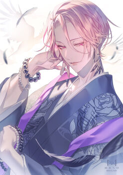 1boy artist_name bead_bracelet beads bird bishounen black_feathers black_kimono bracelet commentary_request earrings eyelashes falling_feathers feathers floral_print hair_between_eyes hand_on_own_cheek hand_on_own_face hand_up highres japanese_clothes jewelry kimono long_sleeves looking_at_viewer male_focus manomenou neck_tattoo open_mouth original parted_lips pink_eyes pink_hair print_kimono purple_shawl shawl short_hair signature simple_background smile solo tattoo upper_body white_background wide_sleeves
