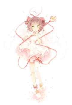 1990s_(style) 1girl angel_wings ankle_garter antenna_hair beroperone bow brown_hair cardcaptor_sakura child dress female_focus frilled_thigh_strap frills green_eyes hair_bow highres hoshi_no_tsue kinomoto_sakura kinomoto_sakura_(astral_sakura) magical_girl petals pink_bow puffy_sleeves retro_artstyle ribbon short_dress short_hair short_twintails simple_background skirt solo thigh_strap twintails white_background white_dress white_skirt wings