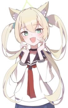 1girl :d alternate_hairstyle animal_ear_fluff animal_ears black_choker black_sailor_collar blonde_hair blue_archive blush choker commentary cowboy_shot fang fox_ears fox_girl green_eyes green_halo hair_bobbles hair_ornament halo hands_up happy highres holding holding_own_hair kurumi_(blue_archive) long_hair long_sleeves neckerchief nose_blush open_mouth red_neckerchief ria_(52266382) sailor_collar school_uniform serafuku shirt sidelocks simple_background skin_fang slit_pupils smile solo twintails very_long_hair white_background white_shirt