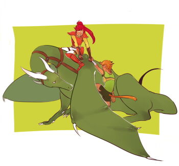 Rule 34 | 2girls, animal ears, armor, breasts, cat ears, cat girl, commentary, dragon, english commentary, fire emblem, fire emblem: path of radiance, green background, hand grab, hoskky, jill (fire emblem), lethe (fire emblem), long hair, multiple girls, nintendo, orange hair, outside border, ponytail, red hair, riding dragon, short hair, simple background, small breasts, tail