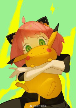 1girl absurdres ahoge anya_(spy_x_family) black_dress chinese_commentary closed_mouth commentary_request crossover di_yingli_bu_anmian_zhen ditto dress eyelashes gen_1_pokemon green_eyes hairpods highres nintendo pikachu pokemon pokemon_(creature) short_hair spy_x_family transformed_ditto