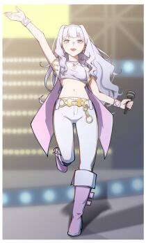 1girl arm_up boots border breasts cleavage cleavage_cutout clothing_cutout commentary_request facing_viewer full_body grey_hair highres holding holding_microphone idol idolmaster idolmaster_(classic) idolmaster_2 jewelry long_hair luxury_(idolmaster) microphone midriff navel necklace open_mouth pants pink_boots pink_diamond_765_(idolmaster) purple_eyes shijou_takane sleeveless smile solo stage standing standing_on_one_leg teeth upper_teeth_only wakagon0727 white_border white_pants wristband