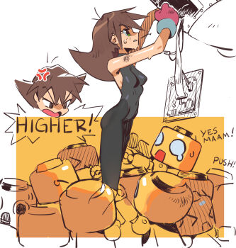 1girl black_bodysuit bodysuit breasts english_text full_body green_eyes highres linesharkart medium_hair mega_man_(series) mega_man_legends_(series) repairing servbot_(mega_man) small_breasts solo_focus tron_bonne_(mega_man) white_background