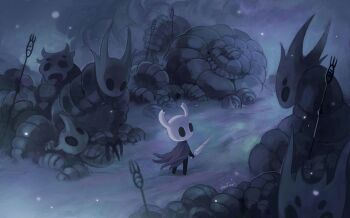 1other absurdres artist_name black_eyes black_skin cape colored_skin commentary dead_animal english_commentary highres hollow_eyes hollow_knight horns knight_(hollow_knight) lowstrear needle_(hollow_knight) other_focus standing twitter_username