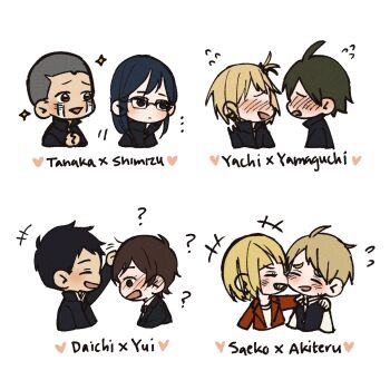 +++ ... 4boys 4girls ? black_hair blonde_hair blush brown_hair character_name chibi crying doodle flying_sweatdrops full-face_blush haikyuu!! headpat hetero highres michimiya_yui multiple_boys multiple_girls nervous pairing sawamura_daichi shimizu_kiyoko sparkle tanaka_ryuunosuke tanaka_saeko_(haikyuu!!) tsukishima_akiteru yachi_hitoka yamaguchi_tadashi zhacaitan