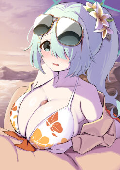 1boy 1girl aqua_eyes aqua_hair beach bikini blue_archive breasts censored cleavage commentary_request eyewear_on_head floral_print floral_print_bikini flower green_halo hair_flower hair_ornament hair_over_one_eye halo hetero highres hiyori_(blue_archive) hiyori_(swimsuit)_(blue_archive) huge_breasts long_hair mosaic_censoring onikuma outdoors paizuri penis ponytail print_bikini sky solo_focus sunglasses swimsuit