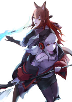2girls absurdres animal_ears arknights axe back-to-back black_gloves black_hood black_pantyhose black_skirt brown_eyes brown_hair commentary_request e-bushi ears_through_hood fox_ears fox_girl fox_tail franka_(arknights) frostleaf_(arknights) gloves grey_hair grey_shirt halberd hat headphones highres holding holding_axe holding_polearm holding_sword holding_weapon implied_extra_ears jacket long_hair long_sleeves multiple_girls off-shoulder_shirt off_shoulder open_clothes open_jacket open_mouth pantyhose polearm red_eyes red_jacket shirt simple_background skirt smile sword tail weapon white_background white_hair