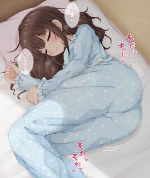 1girl ass azuma_(azumapic) blush brown_hair closed_eyes commentary_request highres long_hair lying on_side original pajamas solo