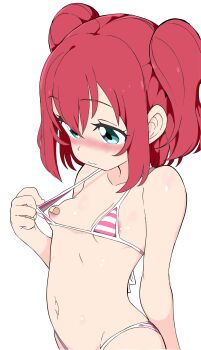 1girl aqua_eyes bandaid bandaids_on_nipples bikini blush breasts closed_mouth clothes_pull collarbone green_eyes hatohatoh kurosawa_ruby loli love_live! micro_bikini navel pasties pink_bikini red_hair short_hair simple_background small_breasts solo striped_bikini striped_clothes swimsuit transparent_background two_side_up