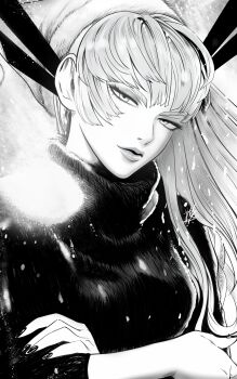 1girl absurdres black_sweater breasts crossed_arms fur_hat half-closed_eyes hat highres lips long_hair looking_at_viewer magik_(x-men) marvel medium_breasts monochrome mostlybluewyatt nail_polish narrowed_eyes neck signature snowing solo sweater turtleneck turtleneck_sweater upper_body x-men