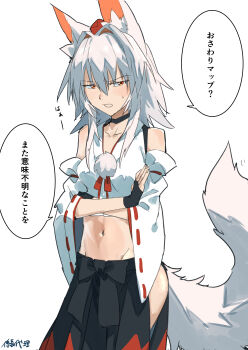 Rule 34 | 1girl, absurdres, animal ear fluff, animal ears, artist name, black choker, black gloves, breasts, choker, clothing cutout, collarbone, commentary request, crossed arms, detached sleeves, fingerless gloves, gloves, grey hair, groin, hat, highres, hip vent, inubashiri momiji, kakaricho dairi, looking at viewer, medium breasts, pom pom (clothes), red eyes, red hat, ribbon-trimmed sleeves, ribbon trim, simple background, solo, speech bubble, sweatdrop, tail, tokin hat, touhou, translation request, white background, wolf ears, wolf tail