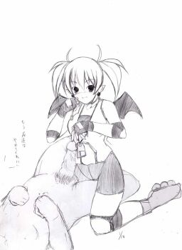 arcana_heart bat_wings fingerless_gloves gloves lilica_felchenerow monochrome penis pubic_hair roller_skates skates translation_request twintails wings