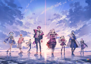 Rule 34 | 4boys, 4girls, akagi wen, akagi wen (1st costume), ankle boots, black coat, black gloves, black hair, black jacket, black pants, black thighhighs, blonde hair, blue dress, blue hair, blue overskirt, blue pants, blue sky, boots, bow, cape, capelet, choker, cloud, coat, colored inner hair, commentary, dawn, dispersion (optics), dog tail, dress, drill hair, english commentary, fishnets, glint, gloves, grey hair, hair bow, half-skirt, hat, highres, hyakumantenbara salome, hyakumantenbara salome (1st costume), ice, ishigami nozomi, ishigami nozomi (1st costume), jacket, knee boots, koyanagi rou, koyanagi rou (1st costume), kurohal, lens flare, light particles, long hair, long sleeves, multicolored hair, multiple boys, multiple girls, nijisanji, o-ring, off-shoulder shirt, off shoulder, official art, open clothes, open coat, open jacket, otomo (koyanagi rou), outdoors, pants, pink hair, pink jacket, pink sky, pink sweater vest, purple hair, purple thighhighs, red dress, red gloves, red shirt, red skirt, sakaki ness, sakaki ness (1st costume), second-party source, shioriha ruri, shioriha ruri (1st costume), shirt, shoes, short dress, short hair, shorts, side capelet, side slit, skirt, sky, sleeves past fingers, sleeves past wrists, standing, standing on one leg, sun, sweater vest, tail, tamanoi nana, tamanoi nana (1st costume), thighhighs, two-sided fabric, two-sided jacket, two-tone hair, very long hair, virtual youtuber, watarai hibari, watarai hibari (1st costume), white cape, white capelet, white shirt, white shorts