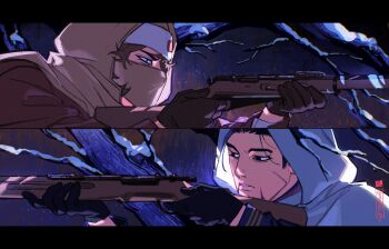 2boys aiming artist_name black_eyes black_gloves black_hair blue_eyes bolt_action branch brown_gloves brown_hair brown_hood brown_mask cheseely cloak commentary covered_mouth english_commentary facial_hair facial_scar finger_on_trigger gloves golden_kamuy gun highres holding holding_gun holding_weapon hood hood_up hooded_cloak letterboxed looking_ahead male_focus mask mouth_mask multiple_boys ogata_hyakunosuke parted_lips rifle scar scar_on_cheek scar_on_face snow split_screen vasily_(golden_kamuy) weapon white_cloak