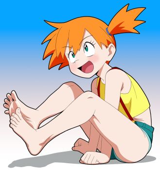 1girl :d arm_support asymmetrical_hair bare_arms bare_legs barefoot between_legs blush conejologia cum cum_on_body cum_on_feet denim denim_shorts eyelashes feet green_eyes green_shorts hair_tie highres legs looking_up misty_(pokemon) nintendo open_mouth orange_hair panties panty_peek pokemon pokemon_(anime) pokemon_(classic_anime) pokemon_rgby ponytail shiny_skin shirt short_hair short_shorts shorts side_ponytail sitting sleeveless sleeveless_shirt smile soles solo spread_toes suspender_shorts suspenders tank_top toenails toes tongue underwear underwear_peek yellow_shirt yellow_tank_top