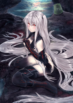 1girl absurdly_long_hair abyssal_ship aircraft_carrier_princess ass barefoot black_sailor_collar black_skin blush bottomless breasts bucket closed_mouth colored_skin gradient_skin hair_between_eyes hands_up highres jewelry kantai_collection long_hair looking_at_viewer lukky_clover medium_breasts multicolored_skin one_side_up red_eyes repair_bucket ring sailor_collar silver_hair sitting smile solo straight_hair tears tears_of_joy torn_clothes two-tone_skin underboob very_long_hair wariza water wedding_band white_skin