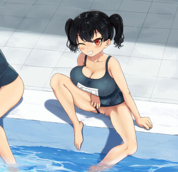 1girl absurdres barefoot black_hair blue_one-piece_swimsuit breasts censored cleavage cleft_of_venus clothing_aside commentary_request gaki_kyonyuu grin heart heart_censor highres large_breasts looking_at_viewer mesugaki misudoasuk one-piece_swimsuit one_eye_closed oppai_loli pussy red_eyes sasaki_kanna school_swimsuit short_twintails sitting smile soaking_feet solo_focus stealth_flashing swimsuit swimsuit_aside twintails