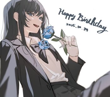 1girl ado_(utaite) black_bow black_bowtie black_coat black_hair blue_eyes blue_flower blue_rose bow bowtie brooch chando_(ado) coat commentary dated flower flower_brooch gloves happy_birthday highres holding holding_flower jewelry long_hair long_sleeves mole mole_under_eye omoti_yabe open_clothes open_coat open_mouth rose shirt simple_background solo utaite white_background white_gloves white_shirt