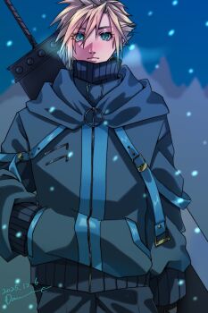 Rule 34 | 1boy, alternate costume, aqua eyes, artist name, black cloak, black coat, black pants, black sweater, blonde hair, buster sword, cloak, closed mouth, cloud strife, coat, commentary, cowboy shot, dated, final fantasy, final fantasy vii, hair between eyes, hand in pocket, highres, male focus, pants, short hair, snowing, solo, spiked hair, sweater, symbol-only commentary, turtleneck, turtleneck sweater, weapon, weapon on back, winter clothes, you ameno