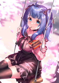 1girl ahoge arm_cutout black_bow black_bowtie black_choker black_skirt black_thighhighs blue_eyes blue_hair bow bowtie box breasts cherry_blossoms choker clothing_cutout falling_petals feet_out_of_frame food food_in_mouth frilled_shirt frilled_skirt frills hair_bow heart heart_choker highres holding holding_box jirai_kei large_breasts ldfe_mk2 long_sleeves looking_at_viewer make_heroine_ga_oo_sugiru! medium_hair official_alternate_costume on_swing outdoors petals pink_shirt pocky pocky_in_mouth shirt sitting skirt solo swing swing_set thighhighs twintails yanami_anna zettai_ryouiki