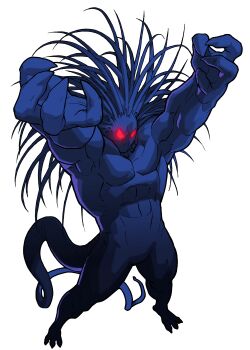 Rule 34 | 1boy, \o/, absurdres, arms up, bengus, black skin, blackheart (marvel), claws, colored skin, from above, game cg, glowing, glowing eyes, highres, long hair, long tail, male focus, marvel, marvel super heroes vs. street fighter, marvel vs. capcom, muscular, no mouth, non-web source, official art, outstretched arms, pectorals, red eyes, solo, tail, white background