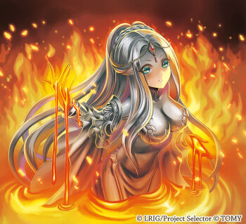 1girl blue_eyes breasts character_request cleavage closed_mouth colored_skin copyright_notice fire grey_hair grey_skin large_breasts long_hair looking_at_viewer madopen monster_girl official_art sidelocks slime_girl smile solo very_long_hair wixoss