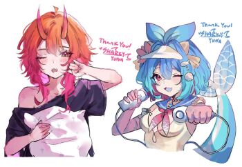 2girls bare_shoulders black_shirt blue_hair blush breasts commentary commission cropped_torso double-parted_bangs english_commentary fins fish_girl fish_tail gradient_hair hair_between_eyes hair_intakes hand_up holding holding_pillow horns looking_at_viewer medium_breasts medium_hair multicolored_hair multiple_girls one_eye_closed open_mouth orange_hair original pillow red_eyes sharkyyuna shirt short_hair short_sleeves simple_background sketch smile tail white_background yellow_shirt
