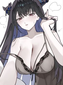 1girl absurdres asymmetrical_horns babydoll bare_shoulders black_babydoll black_hair black_nails blue_hair blush breasts cleavage closed_mouth collarbone colored_inner_hair crystal_horns demon_horns ewn flower hair_between_eyes hair_ornament highres holding holding_ladle holding_whisk hololive hololive_english horn_flower horns lace-trimmed_babydoll lace_trim ladle large_breasts lingerie long_hair looking_at_viewer mole mole_under_eye multicolored_hair nerissa_ravencroft red_eyes simple_background solo sweatdrop tassel tassel_hair_ornament two-tone_hair underwear uneven_horns upper_body very_long_hair virtual_youtuber whisk white_background