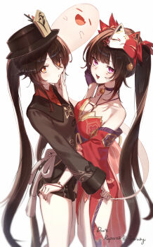 2girls absurdres asymmetrical_docking bare_shoulders bell black_choker black_gloves black_hair black_nails black_sash black_shorts boo_tao_(genshin_impact) breast_press breasts brown_coat brown_hair butterfly-shaped_pupils chinese_clothes choker cleavage closed_mouth coat coattails collared_coat company_connection cowboy_shot criss-cross_halter detached_sleeves dress flower flower-shaped_pupils flower_tattoo fox_mask genshin_impact ghost gloves hair_between_eyes halterneck hand_on_own_face hat hat_flower hat_tassel highres honkai:_star_rail honkai_(series) hu_tao_(genshin_impact) imasaki_kei jewelry large_breasts lifting_another&#039;s_clothes light_blush long_hair long_sleeves look-alike looking_at_viewer mark_under_both_eyes mask mask_on_head mihoyo multiple_girls multiple_rings neck_bell o3o open_mouth pink_eyes plum_blossoms porkpie_hat red_dress red_eyes red_shirt red_sleeves ring sash shirt shorts simple_background single_glove small_breasts smile sparkle_(honkai:_star_rail) symbol-shaped_pupils tattoo thighs twintails very_long_hair white_background
